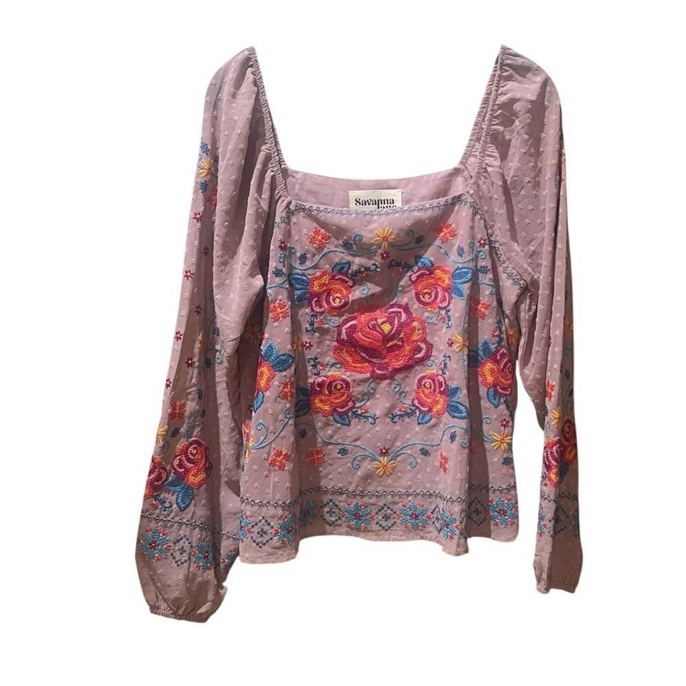 Savanna Jane Pink Embroidered Balloon Sleeve Tunic‎ Blouse Size Small